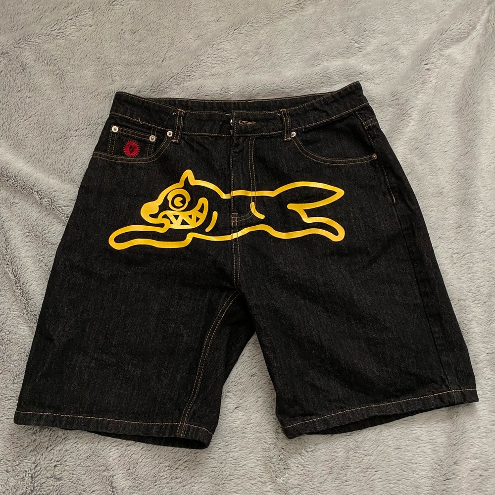 Black Denim Shorts with Yellow Graphic